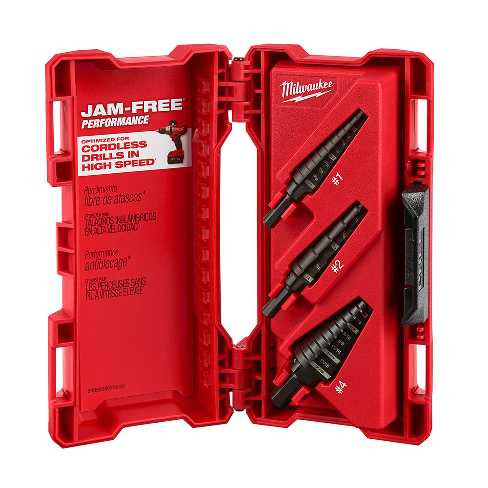 Three black step drill bits with red case and Milwaukee branding, labeled for cordless drill use.