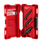 Three black step drill bits with red case and Milwaukee branding, labeled for cordless drill use.