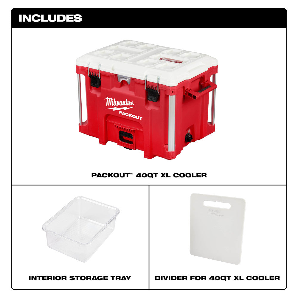 Red and white PACKOUT cooler with carrying handles, clear interior storage tray, and white divider insert.