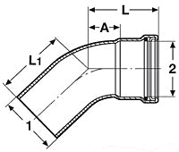 Copper 45-degree street elbow fitting with press connections and dimensional labels.