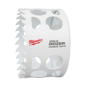 Milwaukee HOLE DOZER white hole saw with carbide teeth cutting edge and ventilation holes.