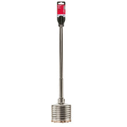 Milwaukee SDS-Max core bit with cylindrical head and ribbed cutting surface, attached to long metal shaft with packaging at t