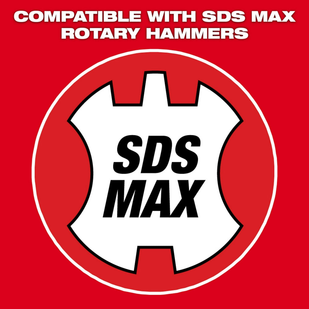 SDS-Max rotary hammer bit with white head and notched ends on red background with compatibility text.
