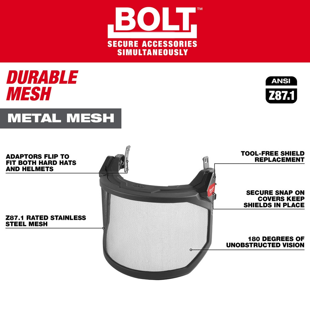 Milwaukee BOLT full face shield with stainless steel mesh, featuring flip adapters and secure snap attachment for hard hats a