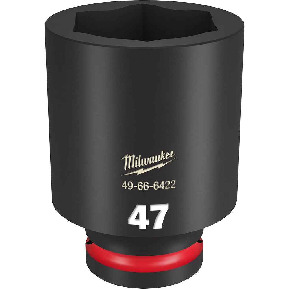 Black cylindrical socket with hexagonal opening, red band at base, marked "47" and Milwaukee branding.