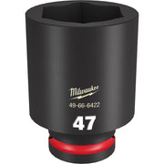 Black cylindrical socket with hexagonal opening, red band at base, marked "47" and Milwaukee branding.