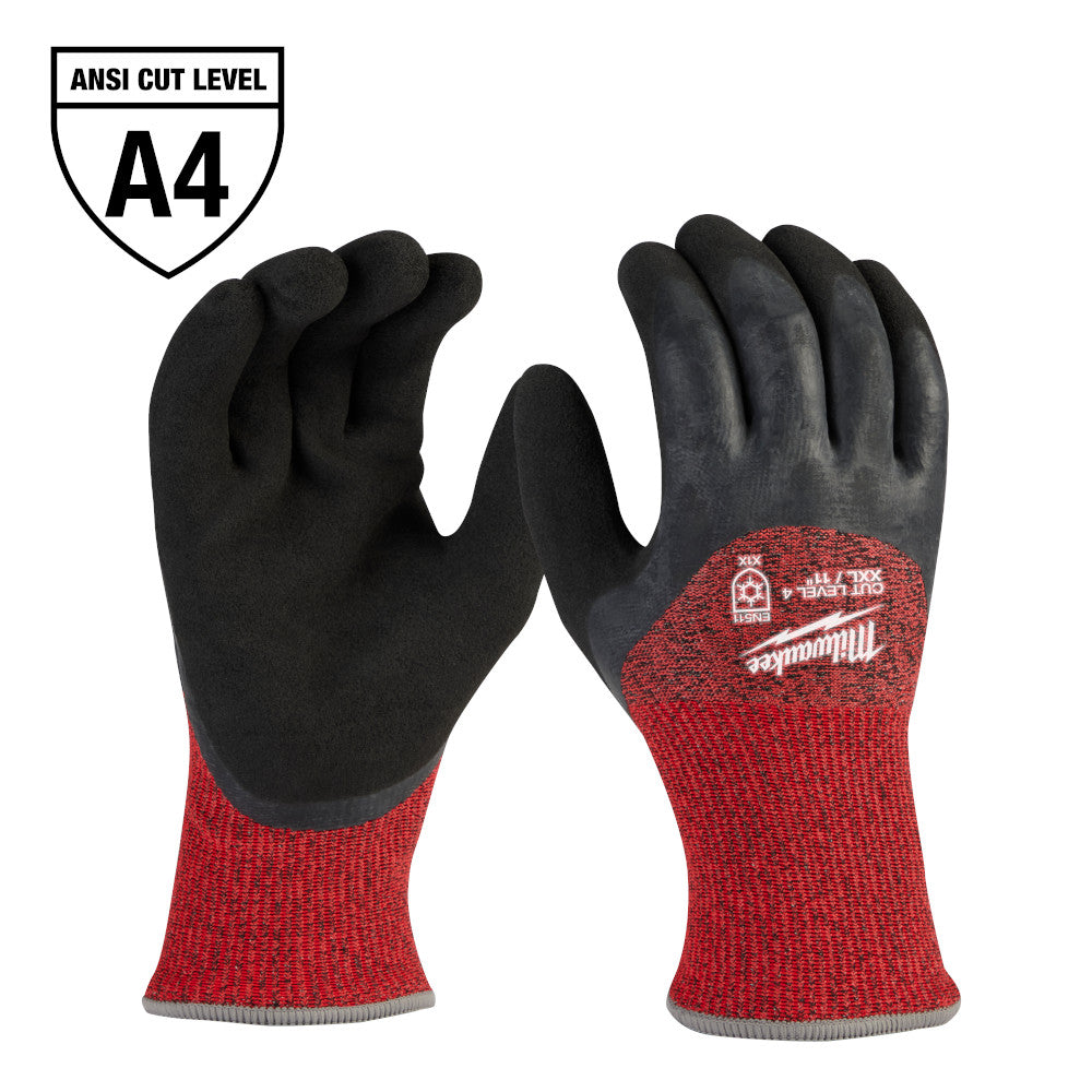 Red and black dipped work gloves with ANSI A4 cut level rating, shown in palm and back views.