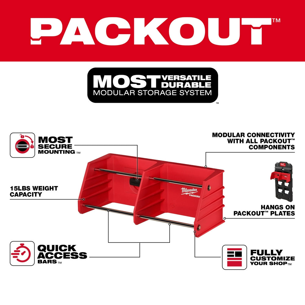 Red plastic tool rack with two black horizontal bars and mounting slots for PACKOUT system components.