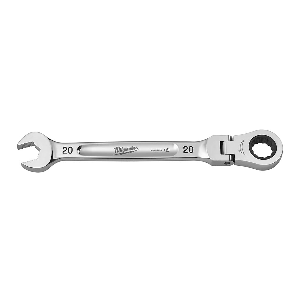 Milwaukee 20mm flex head ratcheting combination wrench with open end and ratchet socket end.