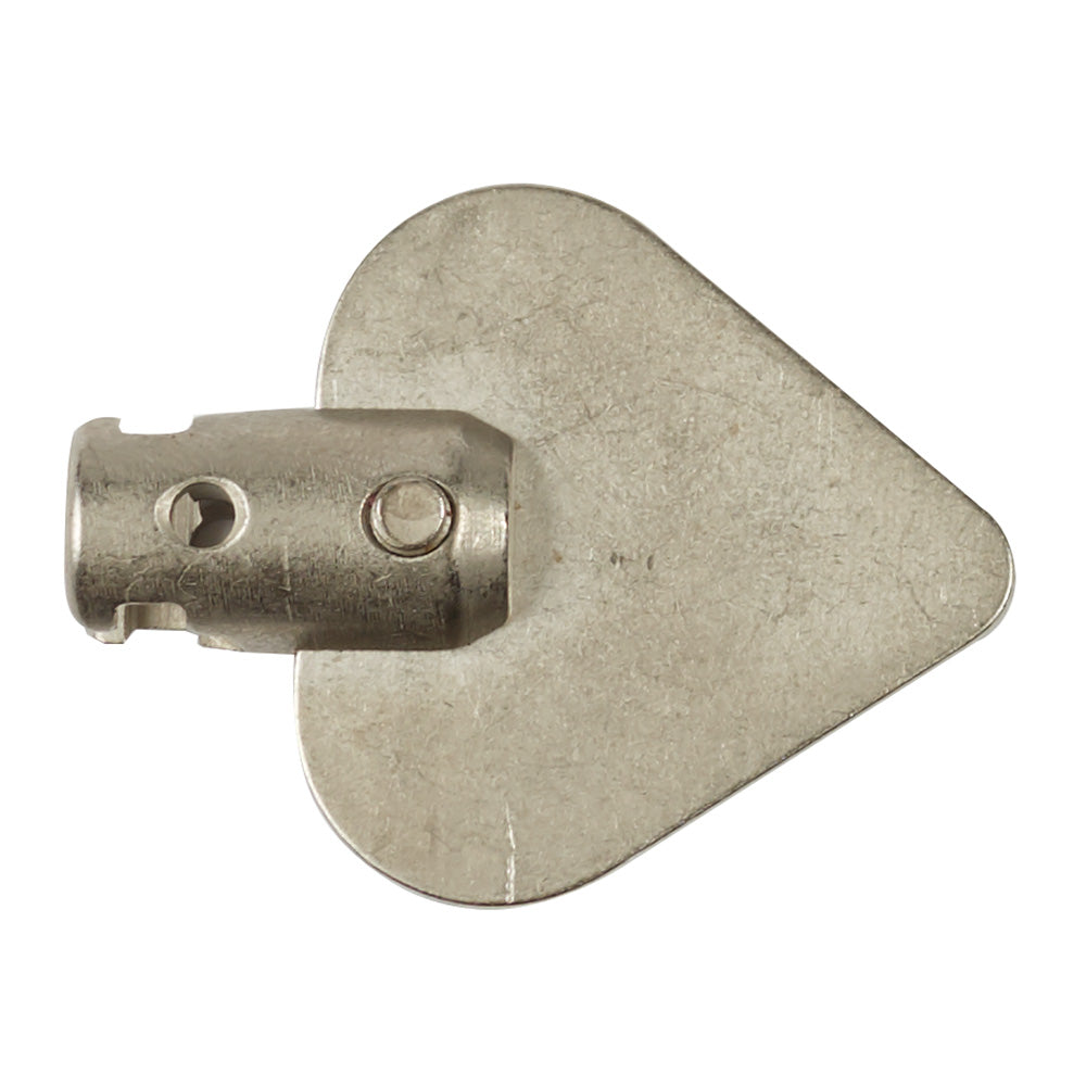 Metallic spade bit attachment with cylindrical shank and two mounting holes on the left side.