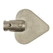 Metallic spade bit attachment with cylindrical shank and two mounting holes on the left side.