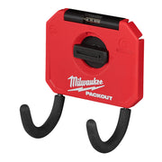 Red Milwaukee PACKOUT storage hook with two curved black hooks and mounting bracket on front face.