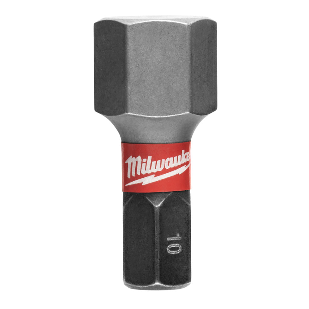 Milwaukee Shockwave 10mm hex insert bit with red band and black steel construction.