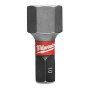 Milwaukee Shockwave 10mm hex insert bit with red band and black steel construction.
