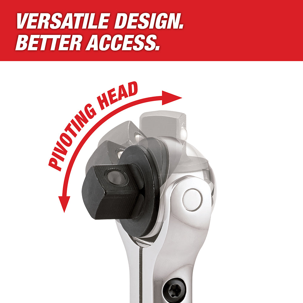 3/8 inch drive ratchet with black pivoting socket head attachment and chrome handle.