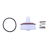 Float repair kit containing black rubber seal ring, white plastic float assembly with red band, and metal spring.
