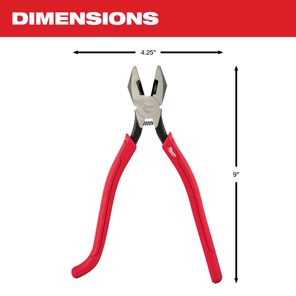Red and black ironworker's pliers with metal head and jaws, 9 inches long and 4.25 inches wide.