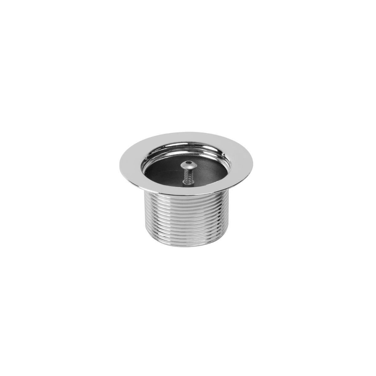 Chrome drain kit with threaded cylindrical body and flat flange, featuring a black center cap with mounting screw.