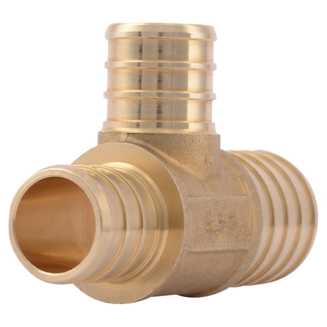 Brass tee fitting with one crimp connection on top and two threaded ports on sides.