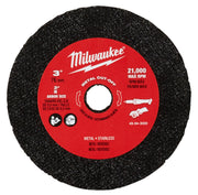 Three-inch black abrasive metal cut-off wheels with red Milwaukee center label showing 21,000 max RPM specification.