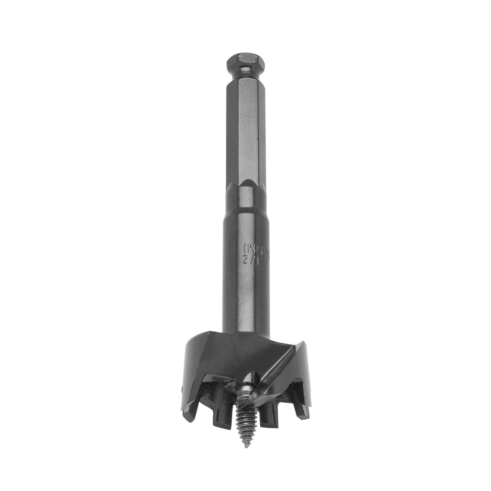 Milwaukee self feed wood drilling bit with cylindrical shank, flat cutting head, and center screw point.