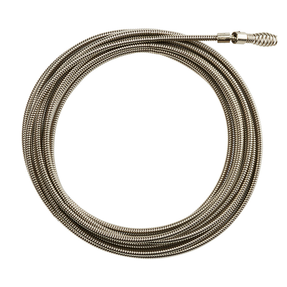 Coiled metal drain cleaning cable with drop head connector and spring handle attachment.
