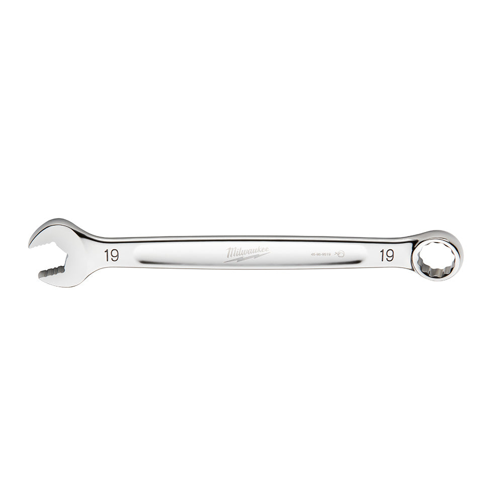 Silver 19mm combination wrench with open end on left and circular ring end on right, marked with size numbers.