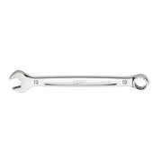 Silver 19mm combination wrench with open end on left and circular ring end on right, marked with size numbers.