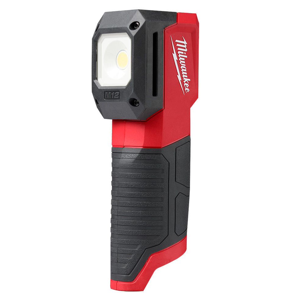 Milwaukee M12 paint and detailing color match light with red and black housing and rectangular white LED head.