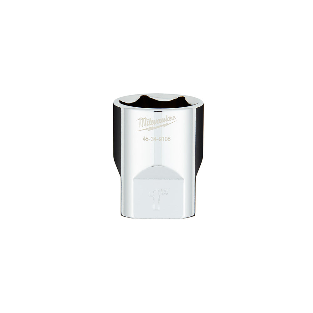 Chrome socket with six-point opening and flat sides for 1/2 in. drive, marked with Milwaukee logo and model number.