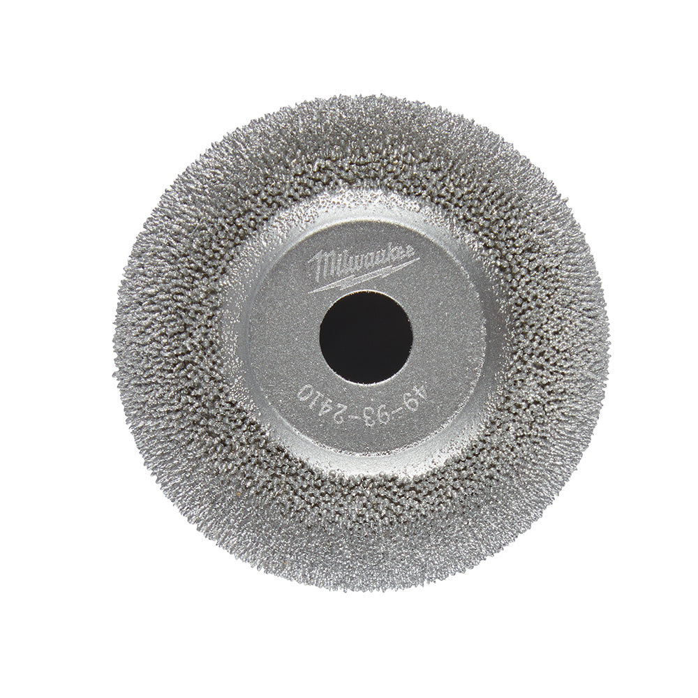 Round gray buffing wheel with flared edges and center hub marked with Milwaukee branding and model number.