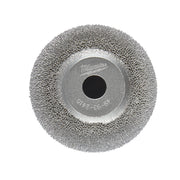 Round gray buffing wheel with flared edges and center hub marked with Milwaukee branding and model number.