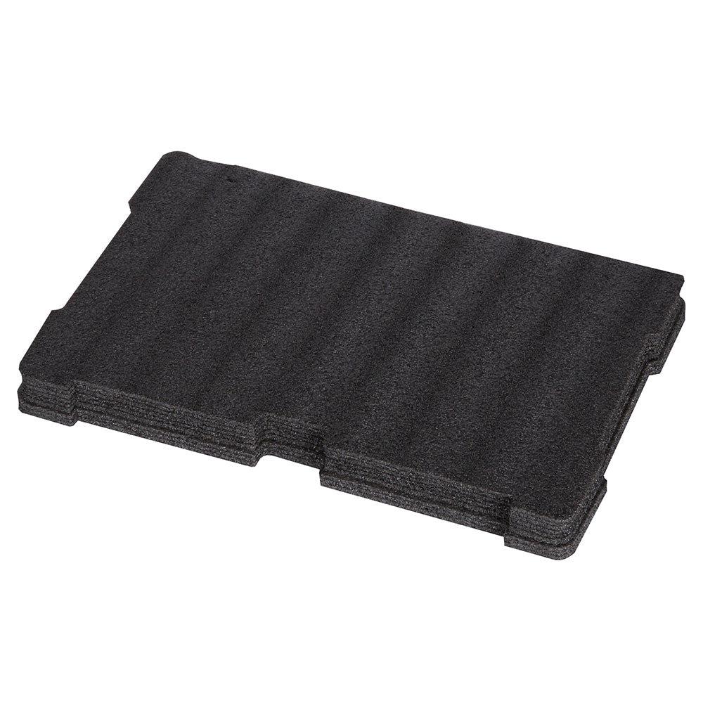 Black foam insert with rectangular shape and notched edges for PACKOUT storage system compatibility.
