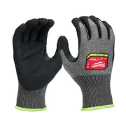 Gray knit work gloves with black nitrile-dipped palms and fingers, lime green cuff, red Milwaukee label on back.