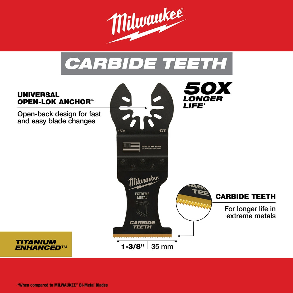 Milwaukee OPEN-LOK 1-3/8" metal cutting blade with carbide teeth and open-back design for tool attachment.