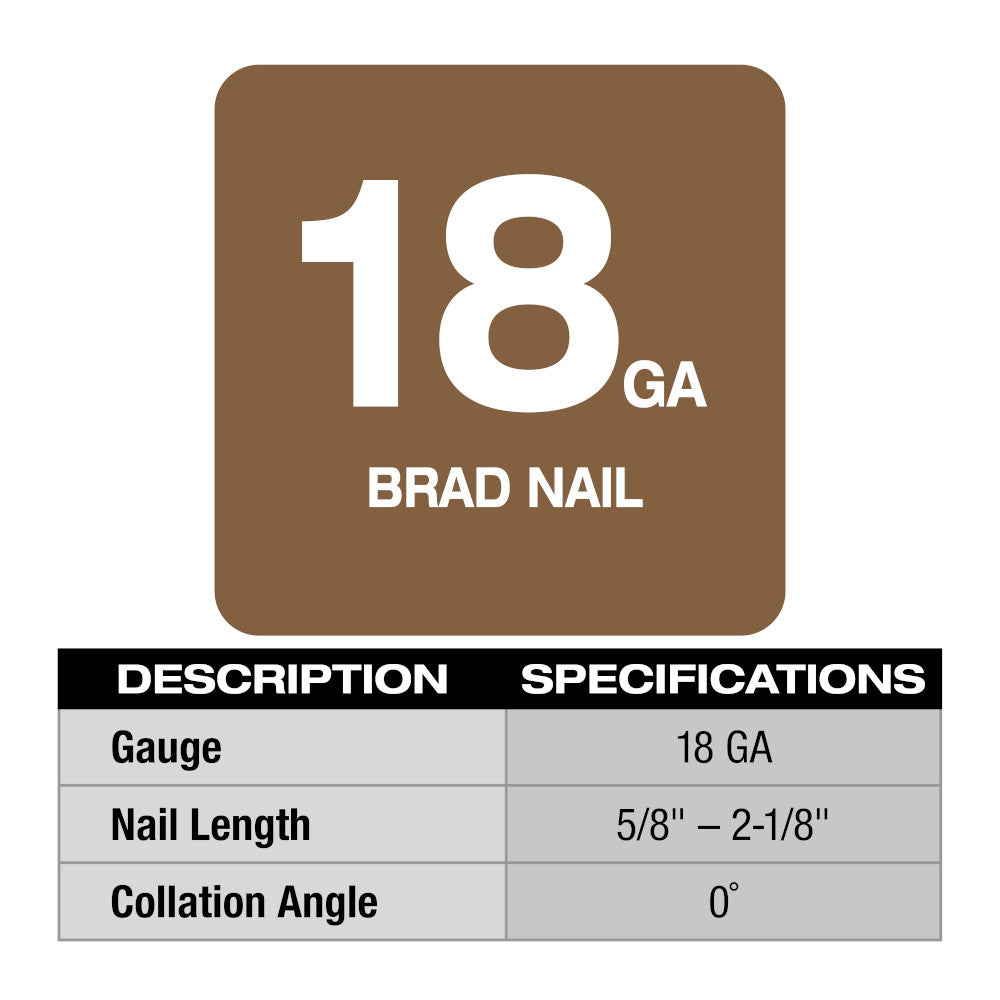 Brown square label showing 18 GA brad nail specifications with gauge, length range, and collation angle details.