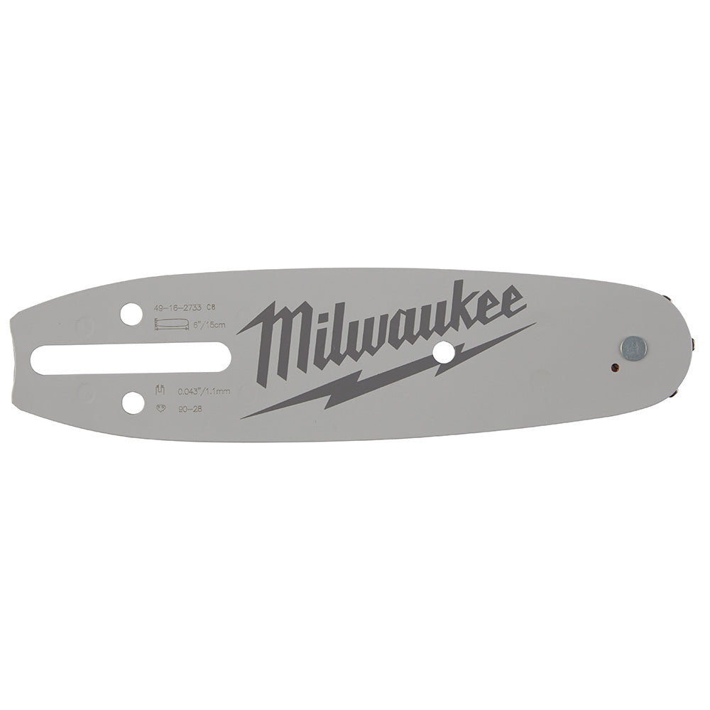 Milwaukee 6 inch gray guide bar with logo, mounting holes, and product specifications printed on surface.