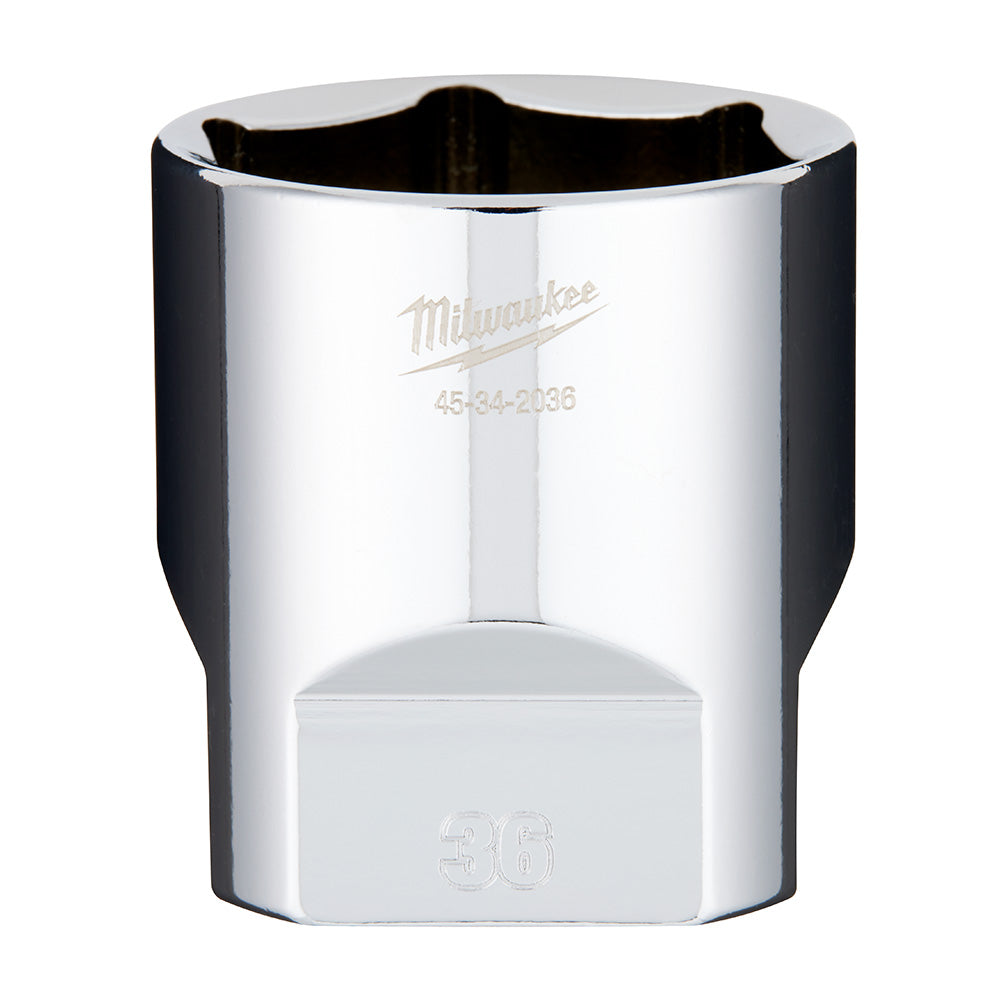 Milwaukee 1/2" drive 36mm socket with polished chrome finish and model number engraved on body.