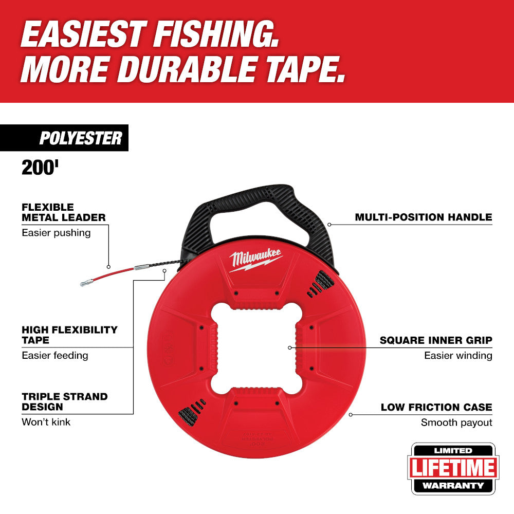 Milwaukee fish tape with 200 ft polyester line, flexible metal leader, and red case with multi-position handle.
