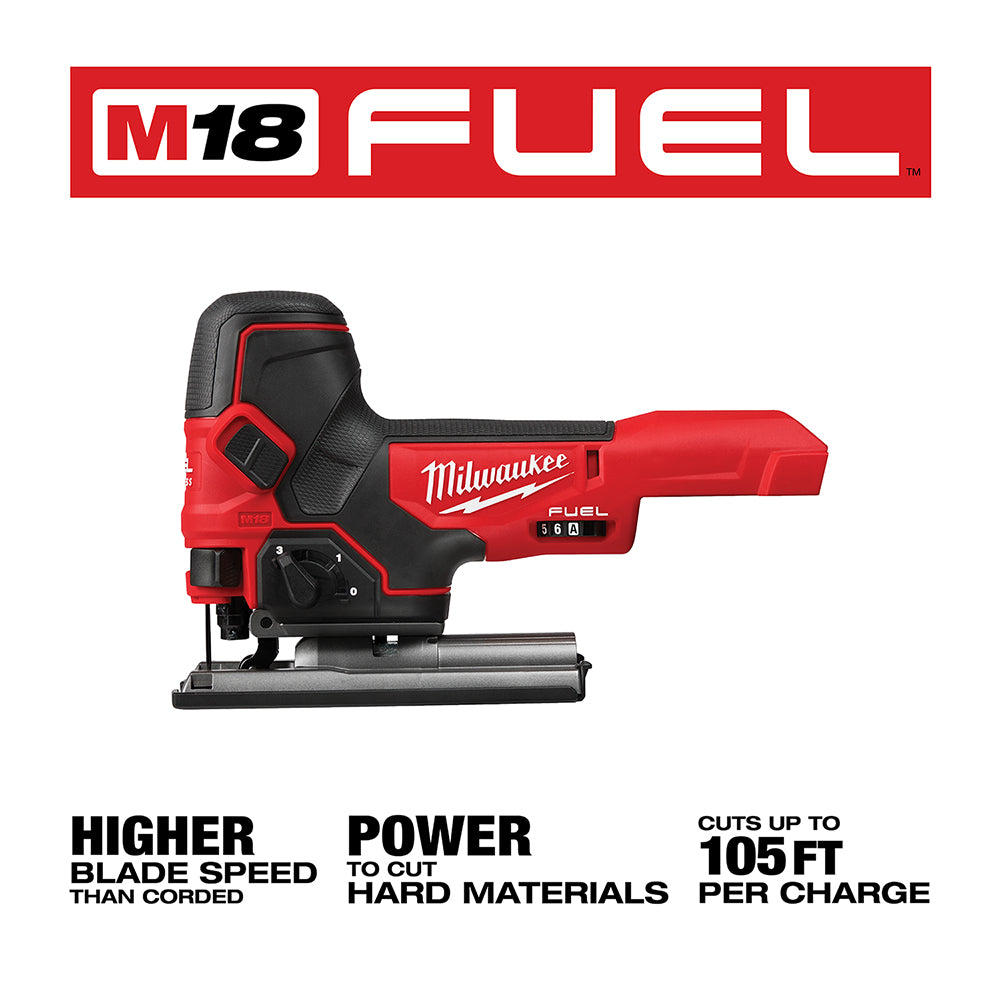 Red and black Milwaukee M18 FUEL barrel grip jig saw with black base plate and grip handle.