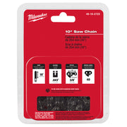 Milwaukee 10-inch saw chain with .043" gauge, 3/8" pitch, and 40 drive links in retail packaging.