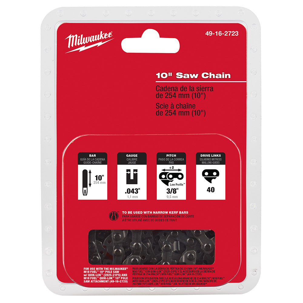 Milwaukee 10-inch saw chain with .043" gauge, 3/8" pitch, and 40 drive links in retail packaging.