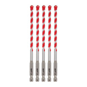 Five 1/4 inch carbide hammer drill bits with red and gray twisted flutes and hex shanks.