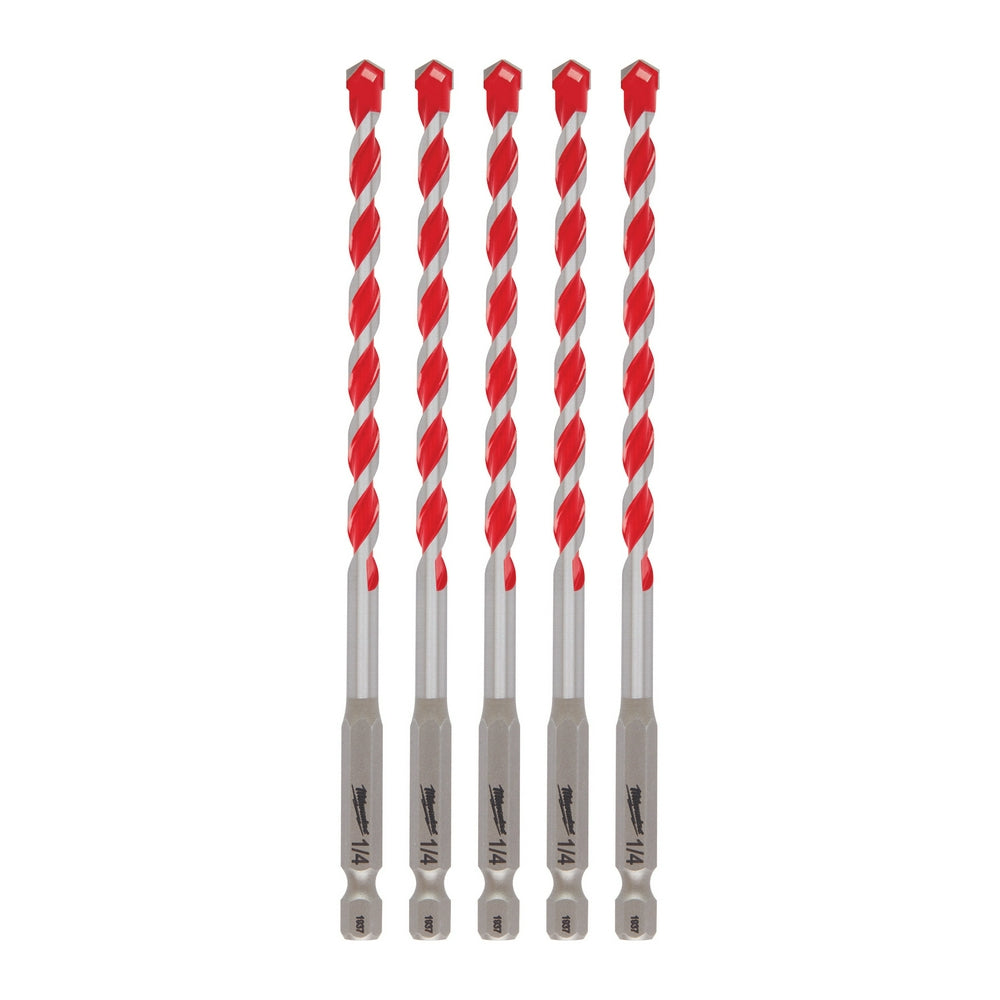 Five 1/4 inch carbide hammer drill bits with red and gray twisted flutes and hex shanks.