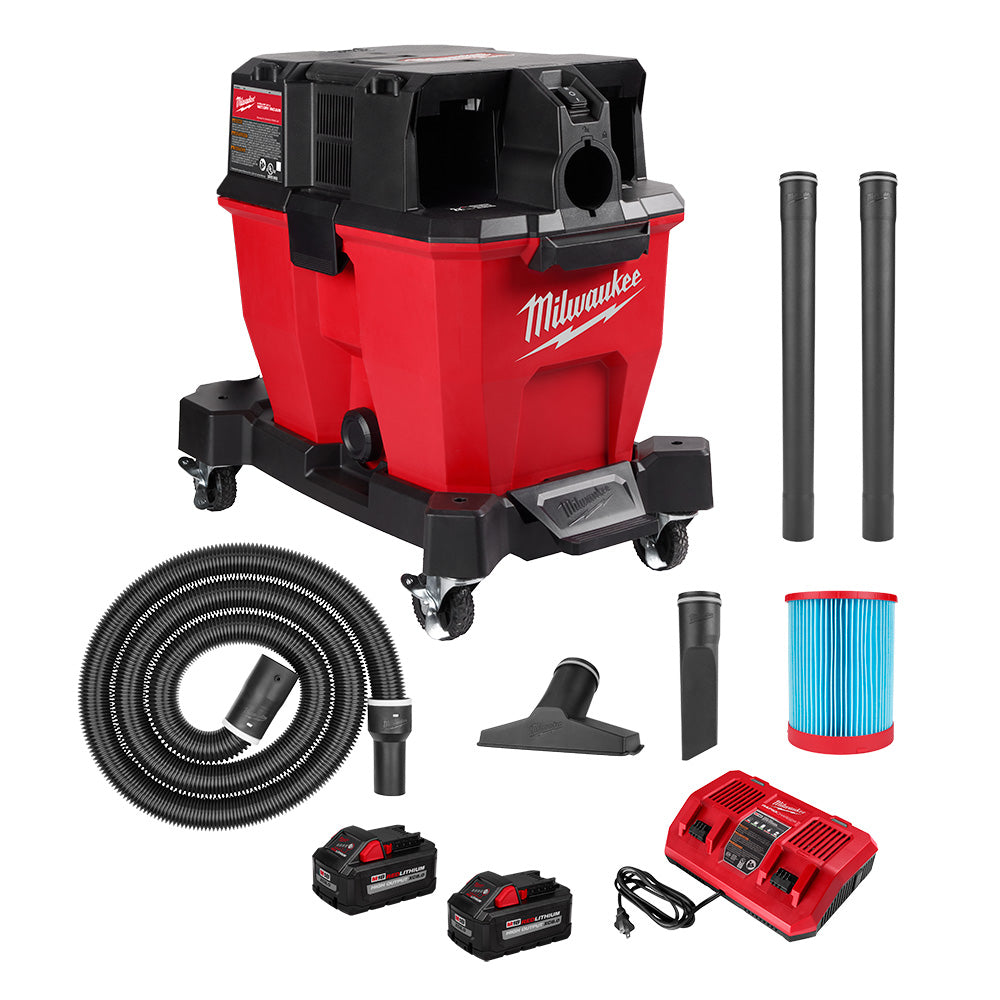 Red and black Milwaukee 9-gallon wet/dry vacuum with hose, tubes, floor brush, filter, two batteries, and dual-port charger.