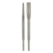 Two metal SDS-plus chisels: pointed bull point on left and flat chisel on right with grooved handles.