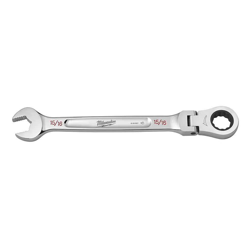 Silver Milwaukee combination wrench with 15/16" open end and ratchet head, labeled on shaft.