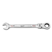 Silver Milwaukee combination wrench with 15/16" open end and ratchet head, labeled on shaft.