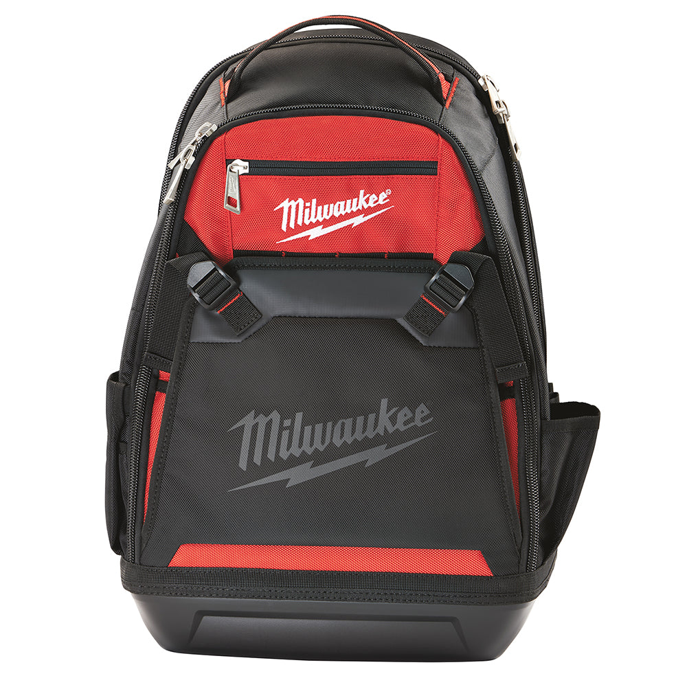 Black and red Milwaukee jobsite backpack with padded straps, zippered pockets, and reinforced base.