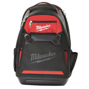 Black and red Milwaukee jobsite backpack with padded straps, zippered pockets, and reinforced base.